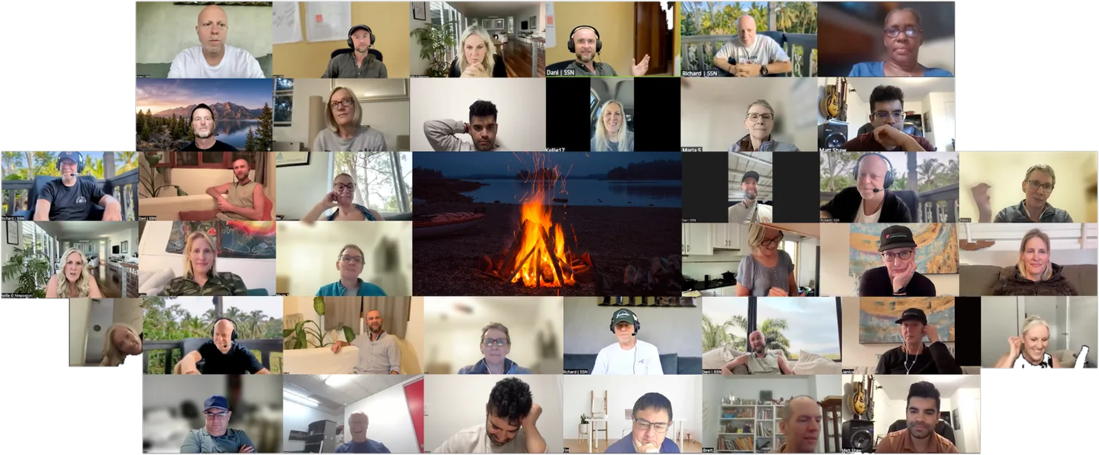 A monthly fireside call: members with Daniel and Richard, gathered around the fire
